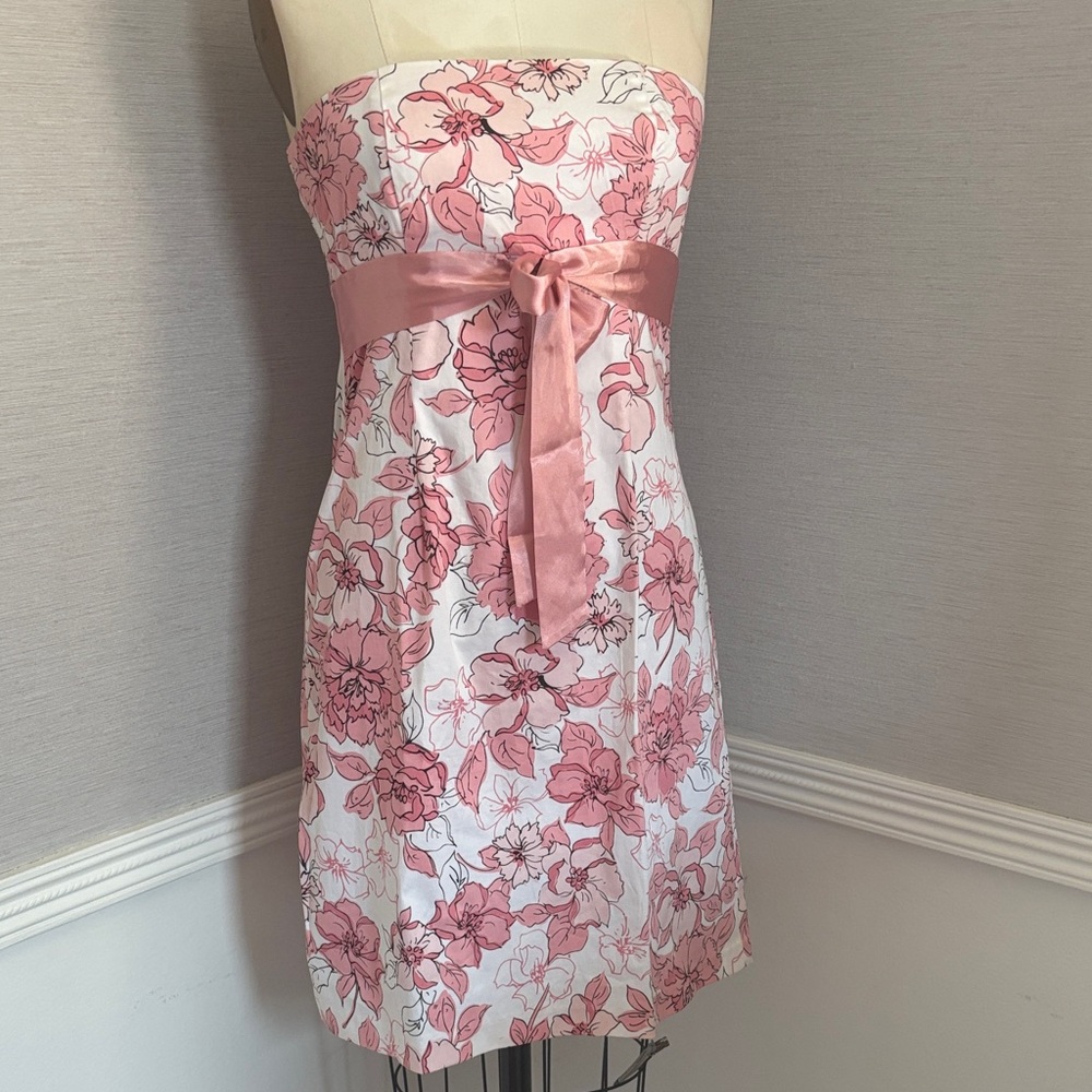 Strapless Pink Floral Dress with Satin Waist Tie